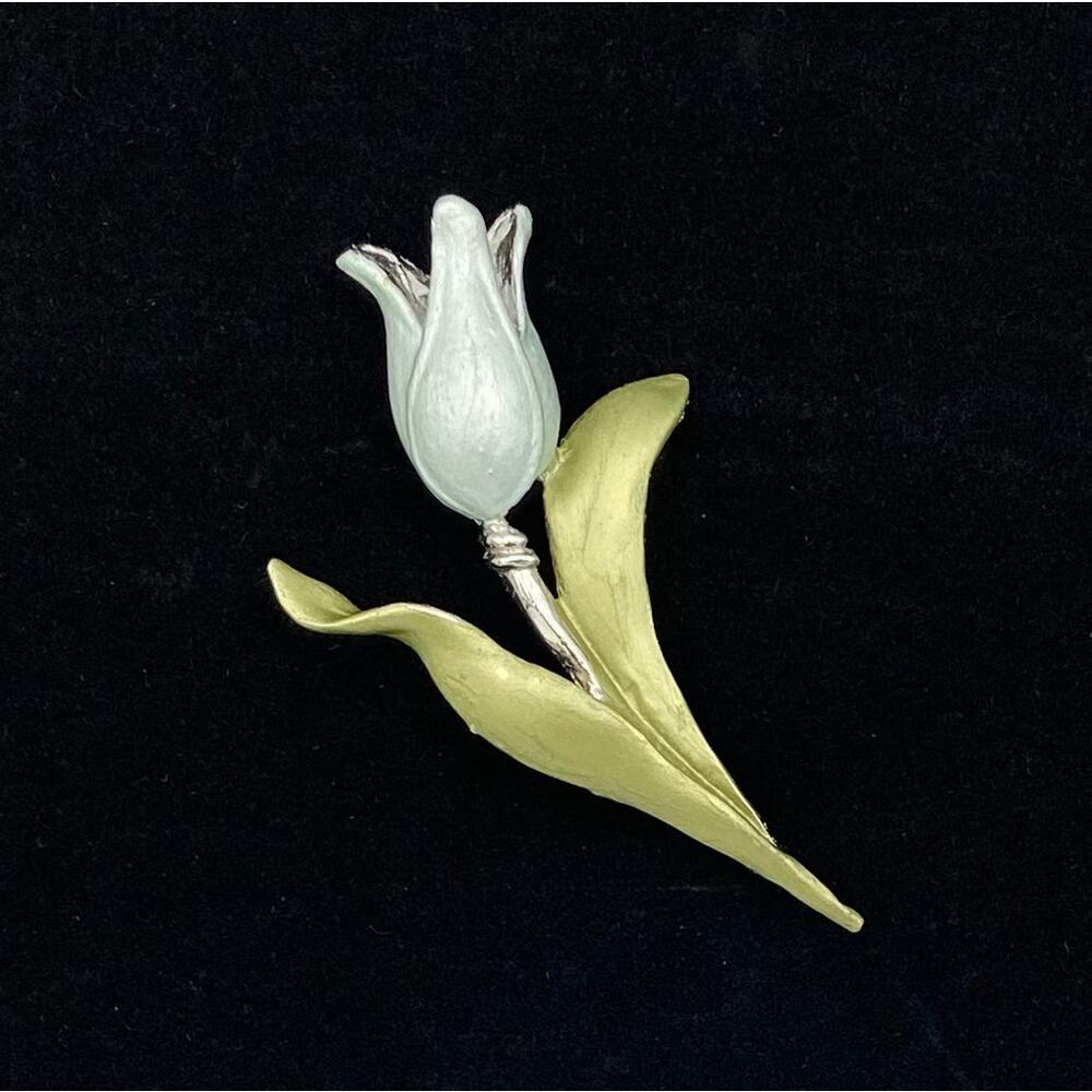 Vintage Enamel Pearlized Silver Tulip Flower Brooch Silver Tone 3.25"